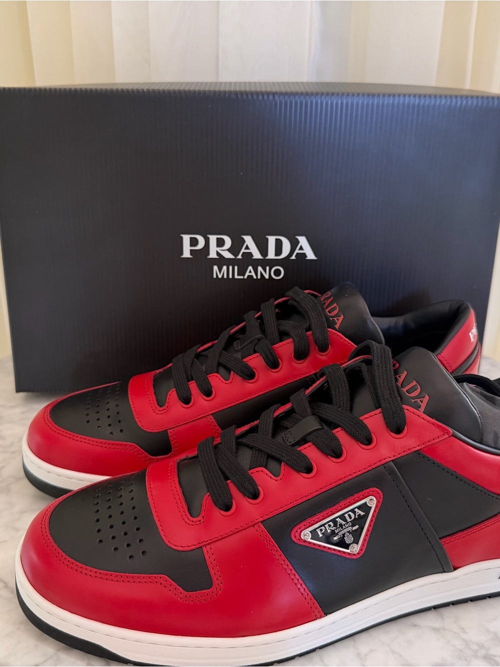 NWT Prada Red and Black Leather Low-Top Sneakers for Men
